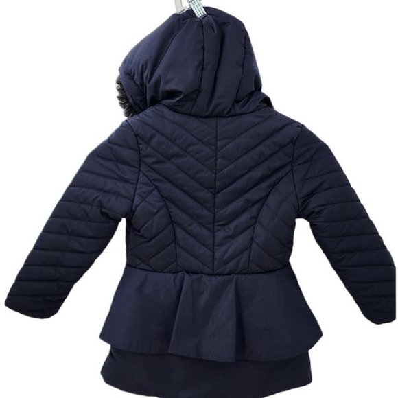 Catimini Blue Peplum Quilted Parka w/ Detachable Faux‎ Fur Trim On Hood Size 4 - Picture 2 of 10